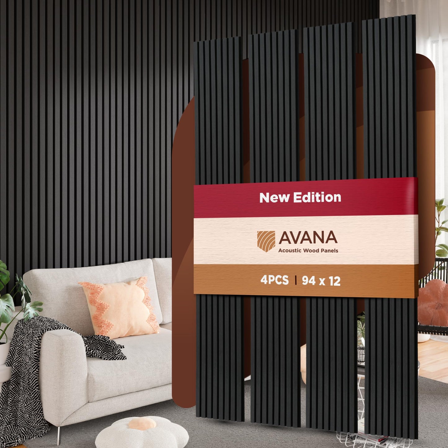 Avana Acoustic Wood Wall Panels – 94.4 x 12.6 Inch Black Oak Acoustic Panels 4 PCs – Wall Panels For Interior Wall Decor For Homes, Offices, Studios – Pleasing Decorative Wood Panels For Wall