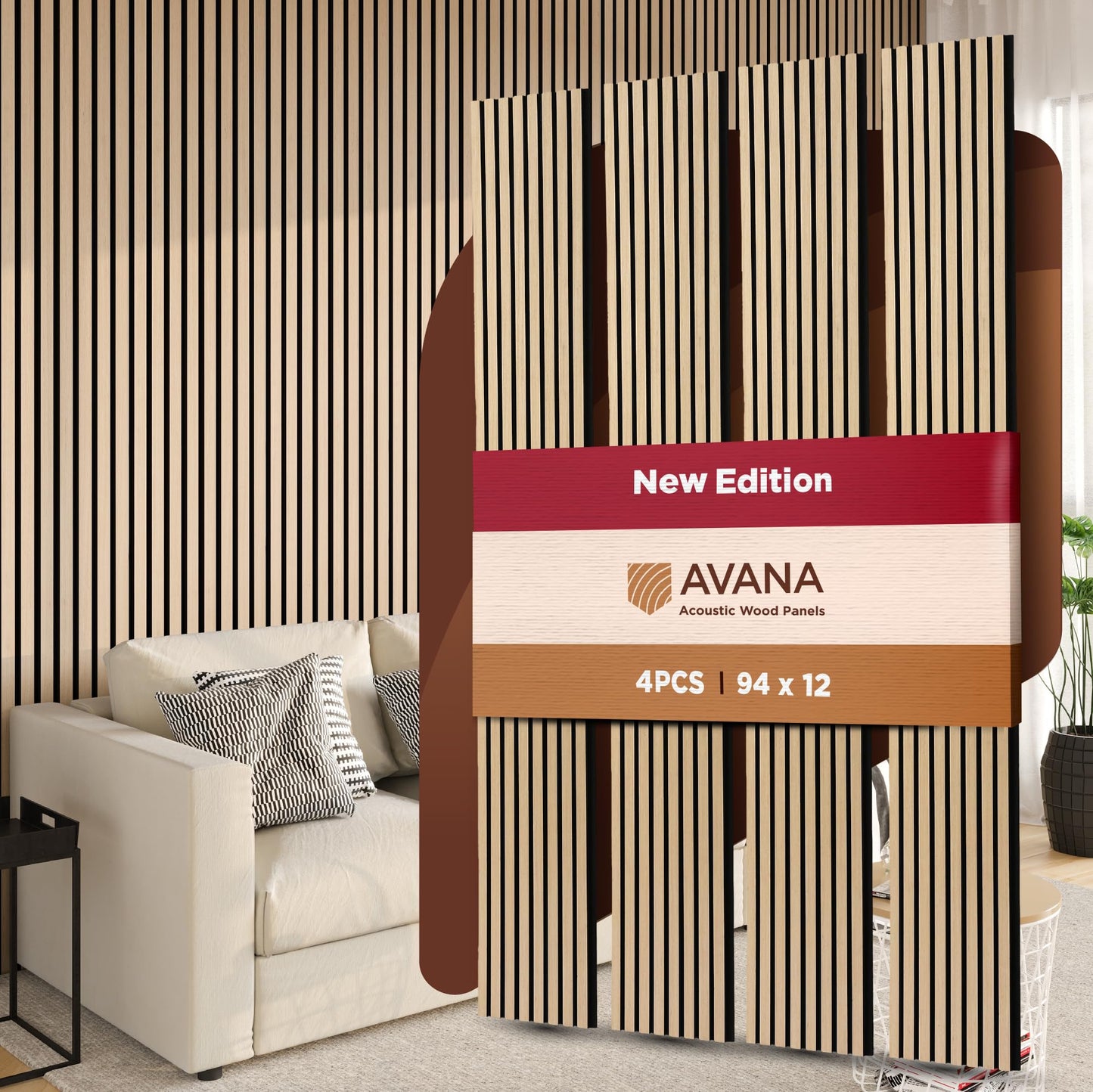 Avana Acoustic Wood Wall Panels – 94.4 x 12.6 Inch White Oak Acoustic Panels 4 PCs – Wall Panels For Interior Wall Decor for Homes, Offices, Studios – Pleasing Design Wood Panels For Wall
