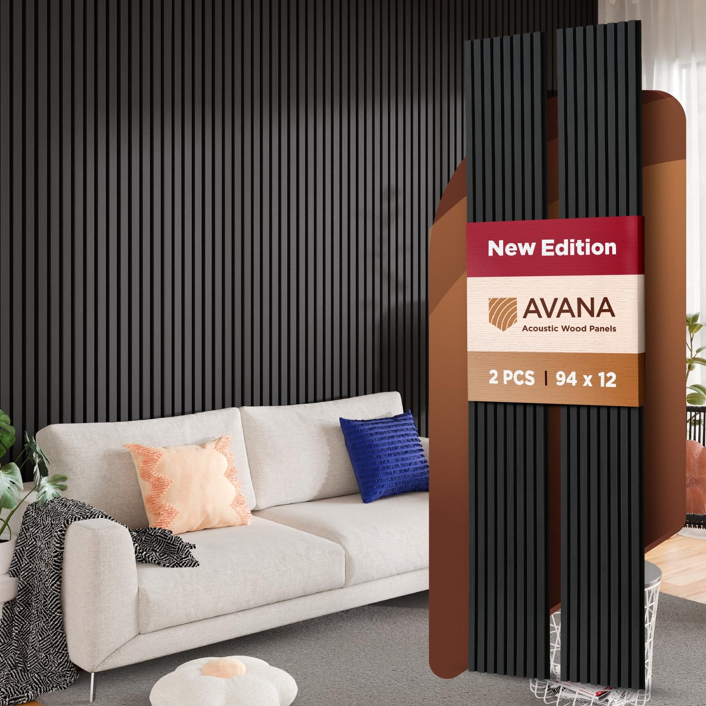 Avana Acoustic Wood Wall Panels – 94.4 x 12.6 Inch Black Oak Acoustic Panels 2 PCs – Wall Panels For Interior Wall Decor For Homes, Offices, Studios – Pleasing Decorative Wood Panels For Wall