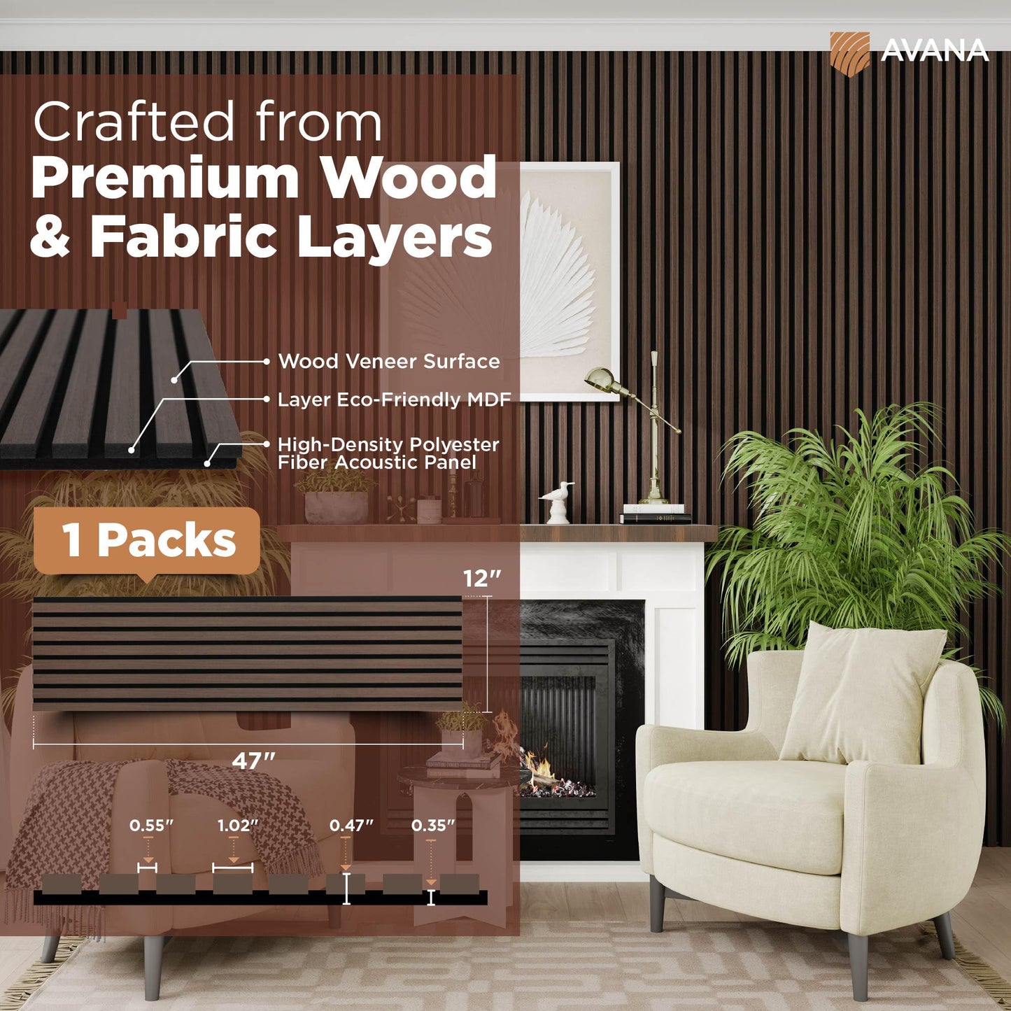 Avana Modern Acoustic Wood Wall Panels – 47.2X12.6 Inch Dark Walnut Acoustic Panels 1 PC – Wall Panels For Interior Wall Decor For Homes, Offices, Studios – Sturdy And Durable Wood Panels For Wall
