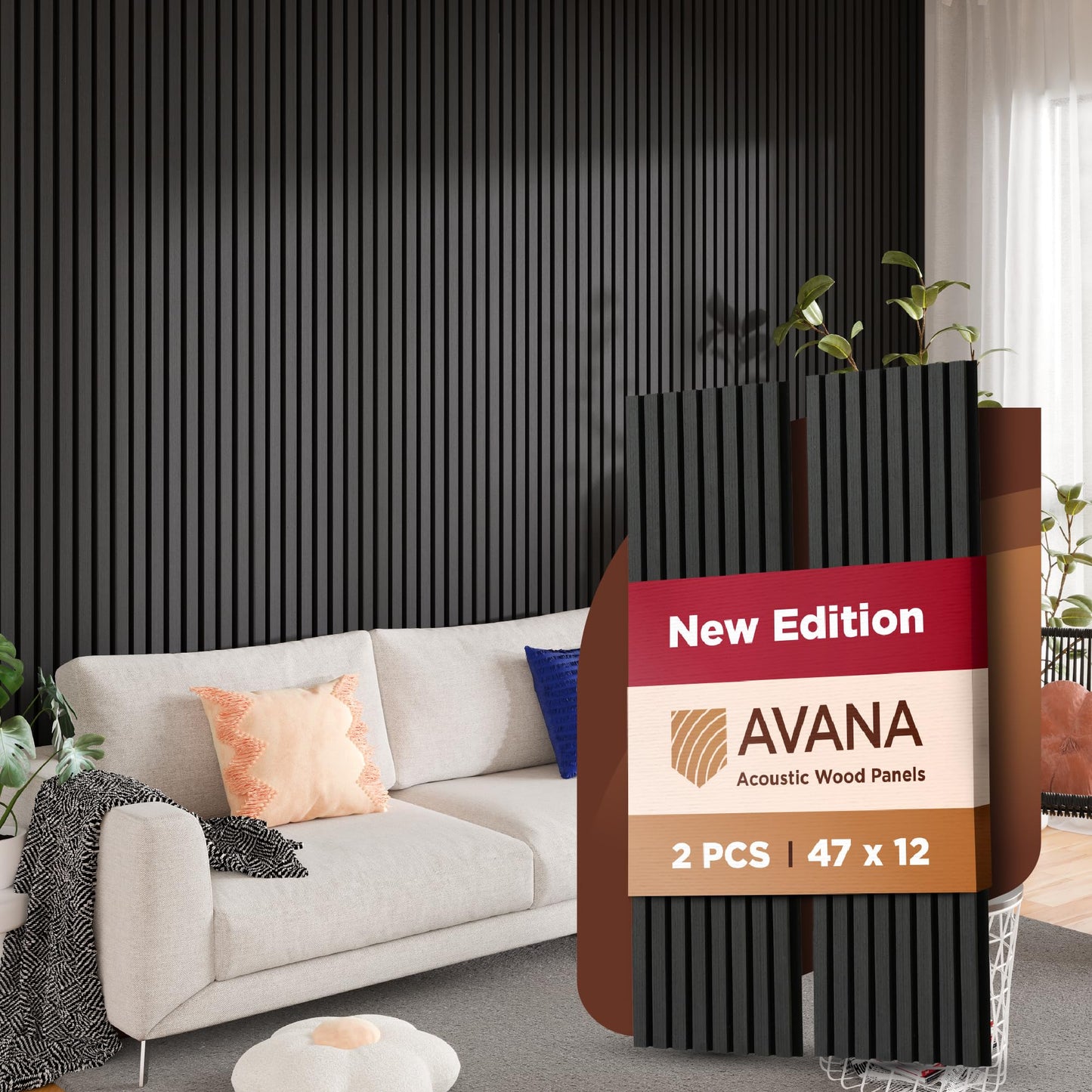 Avana Acoustic Wood Wall Panels – 47.2 X 12.6 Inch Black Oak Acoustic Panels 2 PCs – Modern Wall Panels For Interior Wall Decor For Homes, Offices, Studios – Sturdy And Durable Wood Panels For Wall