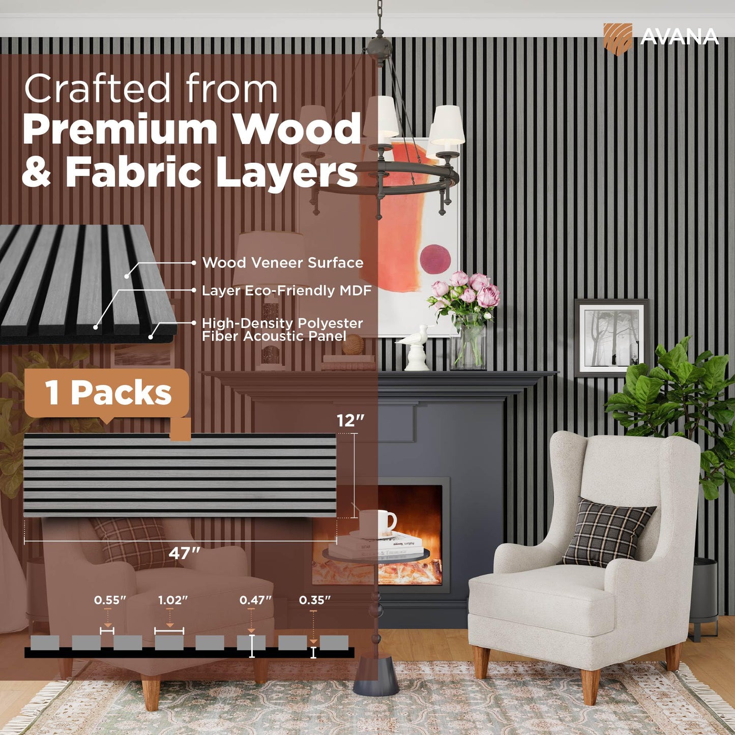 Avana Modern Acoustic Wood Wall Panels – 47.2 X 12.6 Inch Gray Oak Acoustic Panels 1 PC – Wall Panels for Interior Wall Decor For Homes, Offices, Studios – Sturdy And Durable Wood Panels for Wall