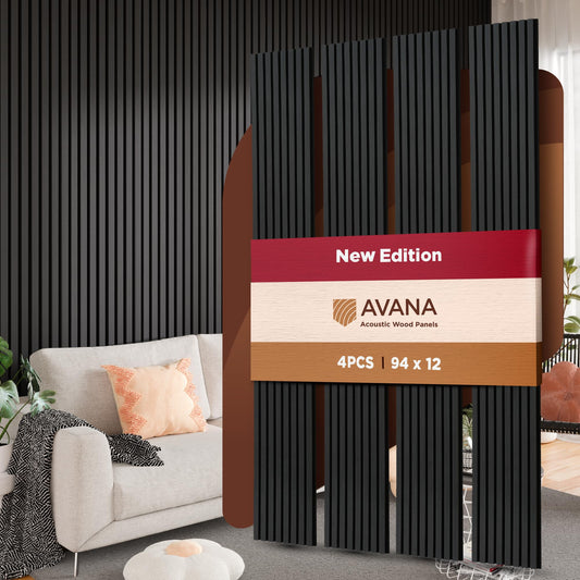Avana Acoustic Wood Wall Panels – 94.4 x 12.6 Inch Black Oak Acoustic Panels 4 PCs – Wall Panels For Interior Wall Decor For Homes, Offices, Studios – Pleasing Decorative Wood Panels For Wall