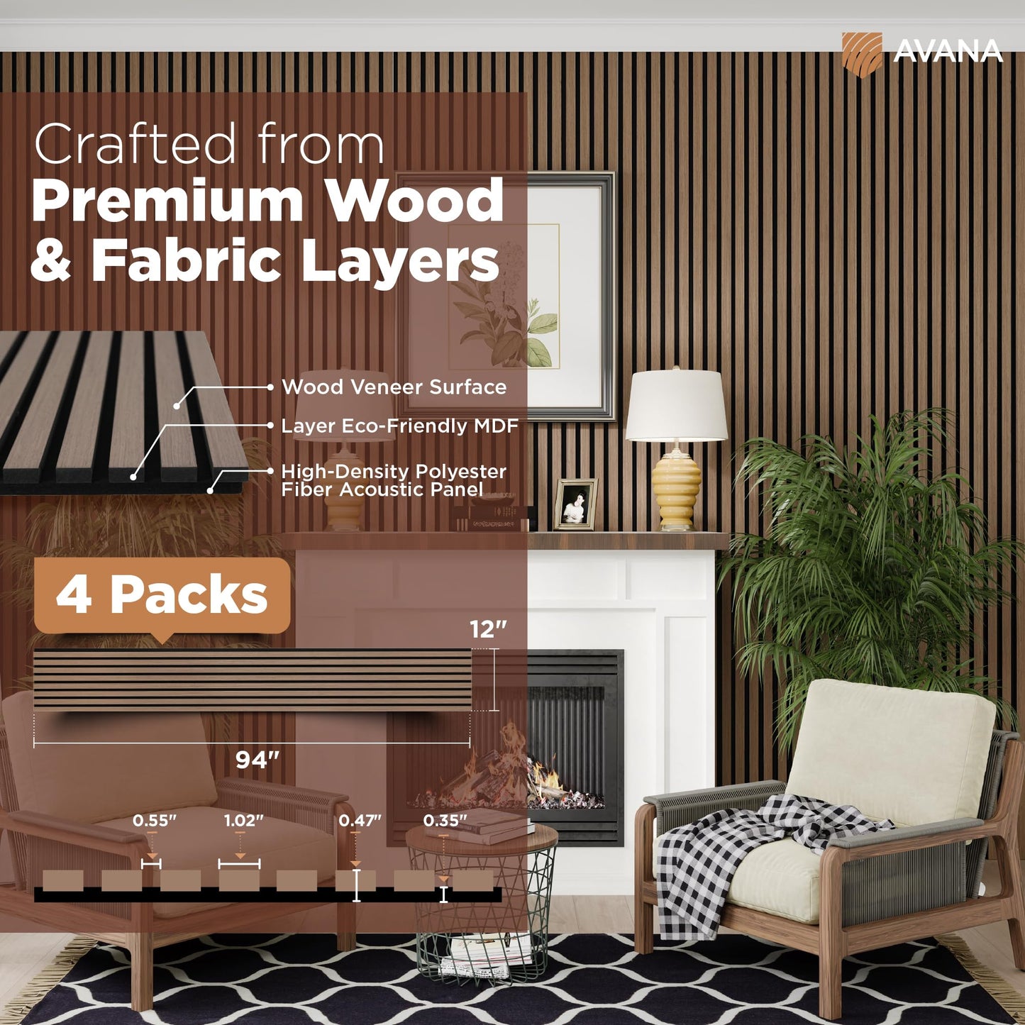 Avana Acoustic Wood Wall Panels – 94.4 x 12.6 Inch Smoke Walnut Acoustic Panels 4 PCs – Wall Panels For Interior Wall Decor For Homes, Offices, Studios – Pleasing Wood Panels For Wall