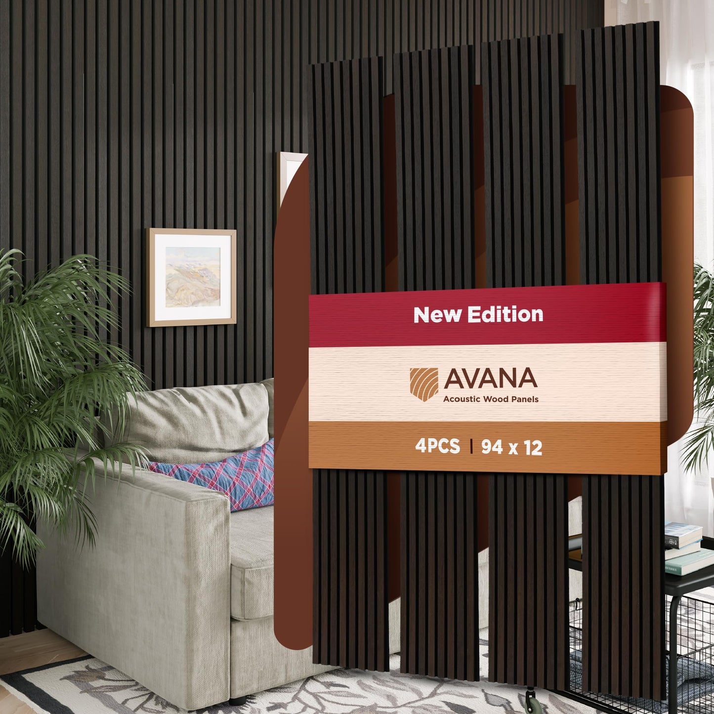Avana Acoustic Wood Wall Panels – 94.4 X 12.6 Inch Smoke Oak Acoustic Panels 4 PCs – Wall Panels For Interior Wall Decor For Homes, Offices, Studios – Sturdy And Durable Wood Panels For Wall