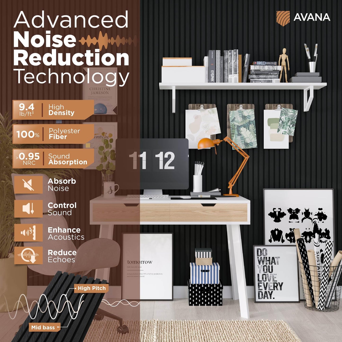 Avana Modern Acoustic Wood Wall Panels – 47.2 X 12.6 Inch Black Oak Acoustic 2 PCs – Wall Panels For Interior Wall Decor For Homes, Offices, Studios – Sturdy And Durable Wood Panels For Wall