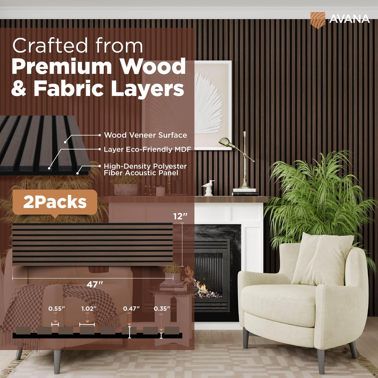 Avana Acoustic Wood Wall Panels – 47.2 x 12.6 Inch Dark Walnut Oak Acoustic Panels 2 PCs – Modern Wall Panels For Interior Wall Decor For Home, Office, Studio – Sturdy And Durable Wood Panels For Wall