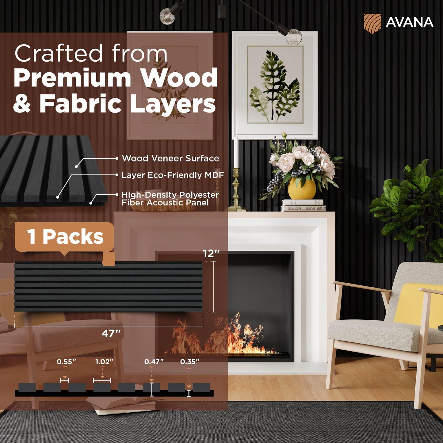 Avana Modern Acoustic Wood Wall Panels – 47.2 x 12.6 Inch Black Oak Acoustic Panels 1 PC – Wall Panels for Interior Wall Decor For Homes, Offices, Studios – Sturdy And Durable Wood Panels For Wall