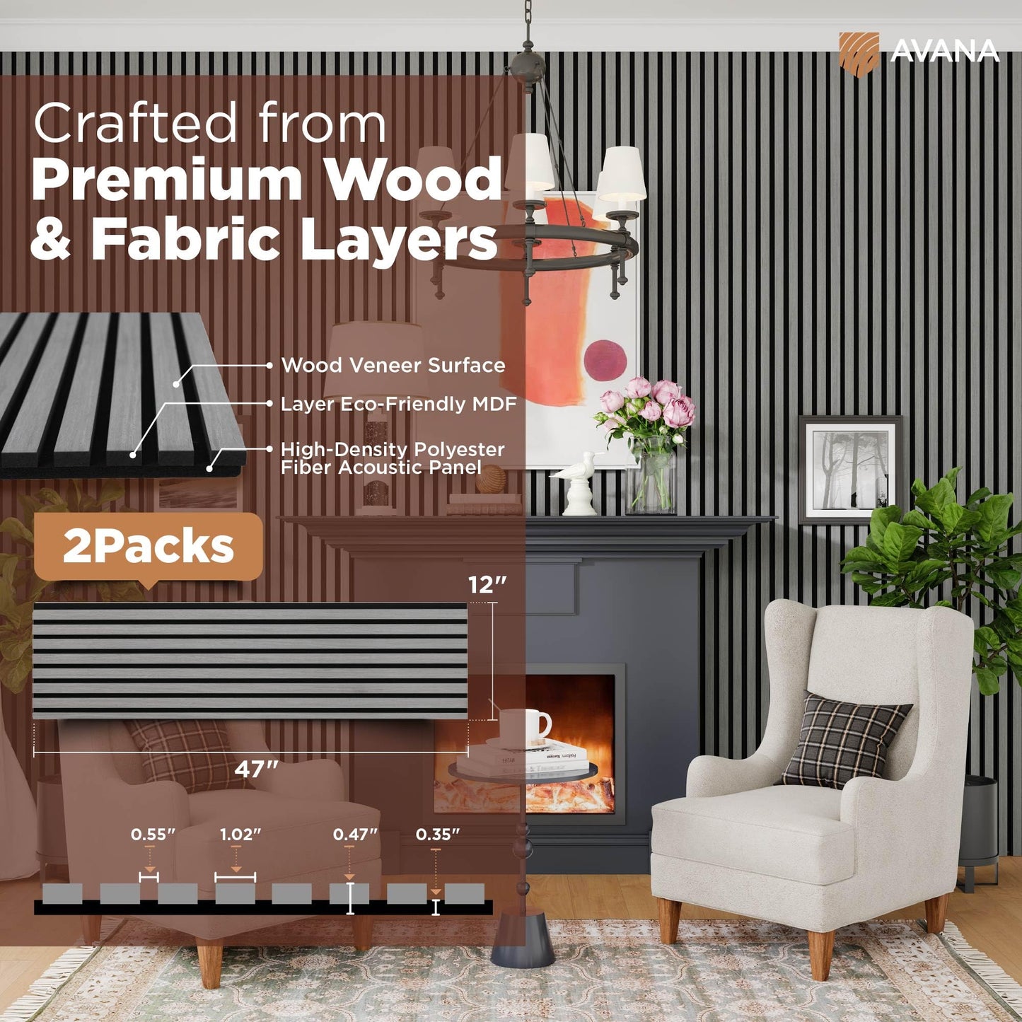 Avana Acoustic Wood Wall Panels – 47.2 X 12.6 Inch Gray Oak Acoustic Panels 2 PCs – Modern Wall Panels For Interior Wall Decor For Homes, Offices, Studios – Sturdy And Durable Wood Panels For Wall