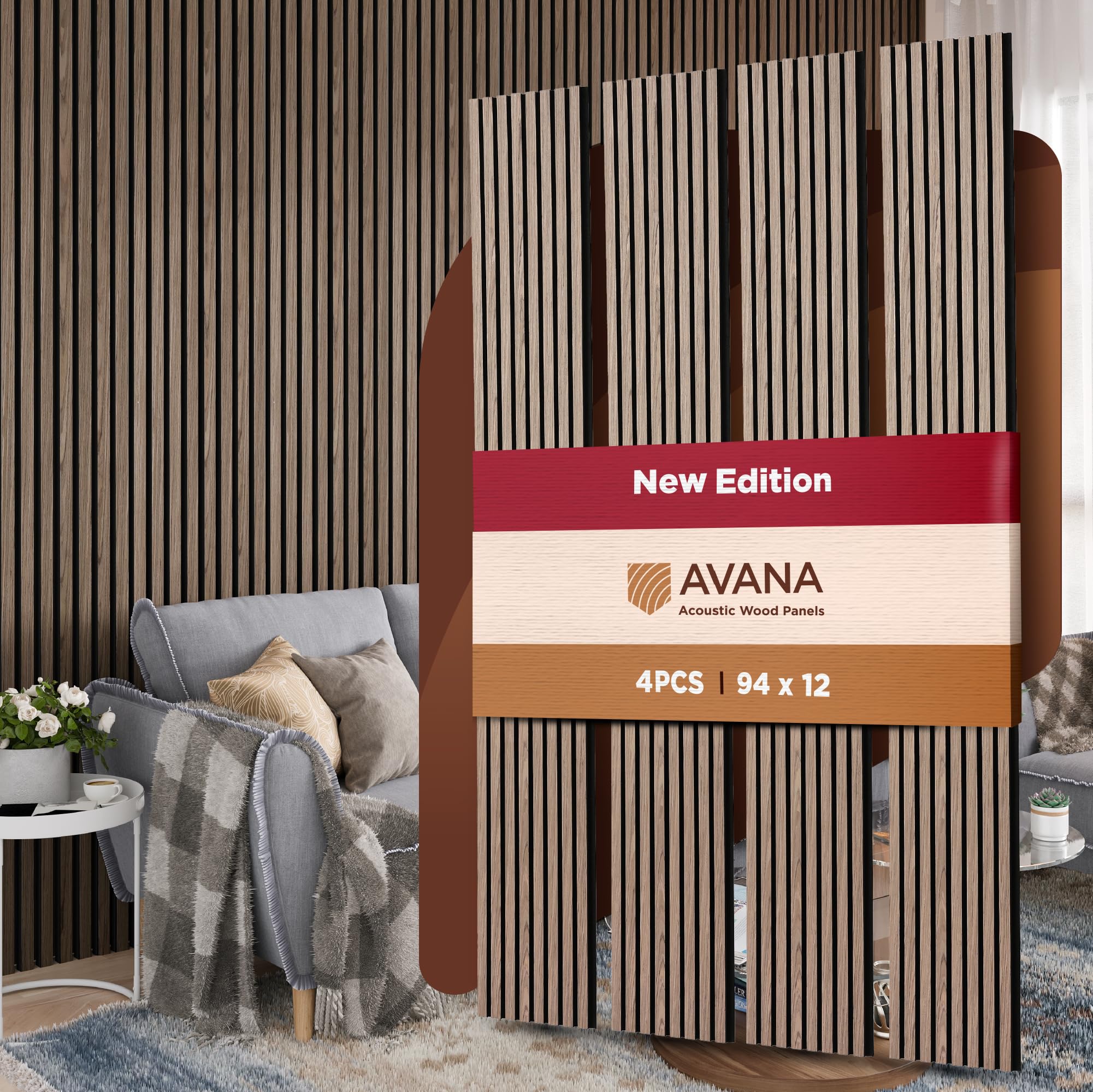 Avana Acoustic Wood Wall Panels – 94.4 x 12.6 Inch Natural Walnut Acou