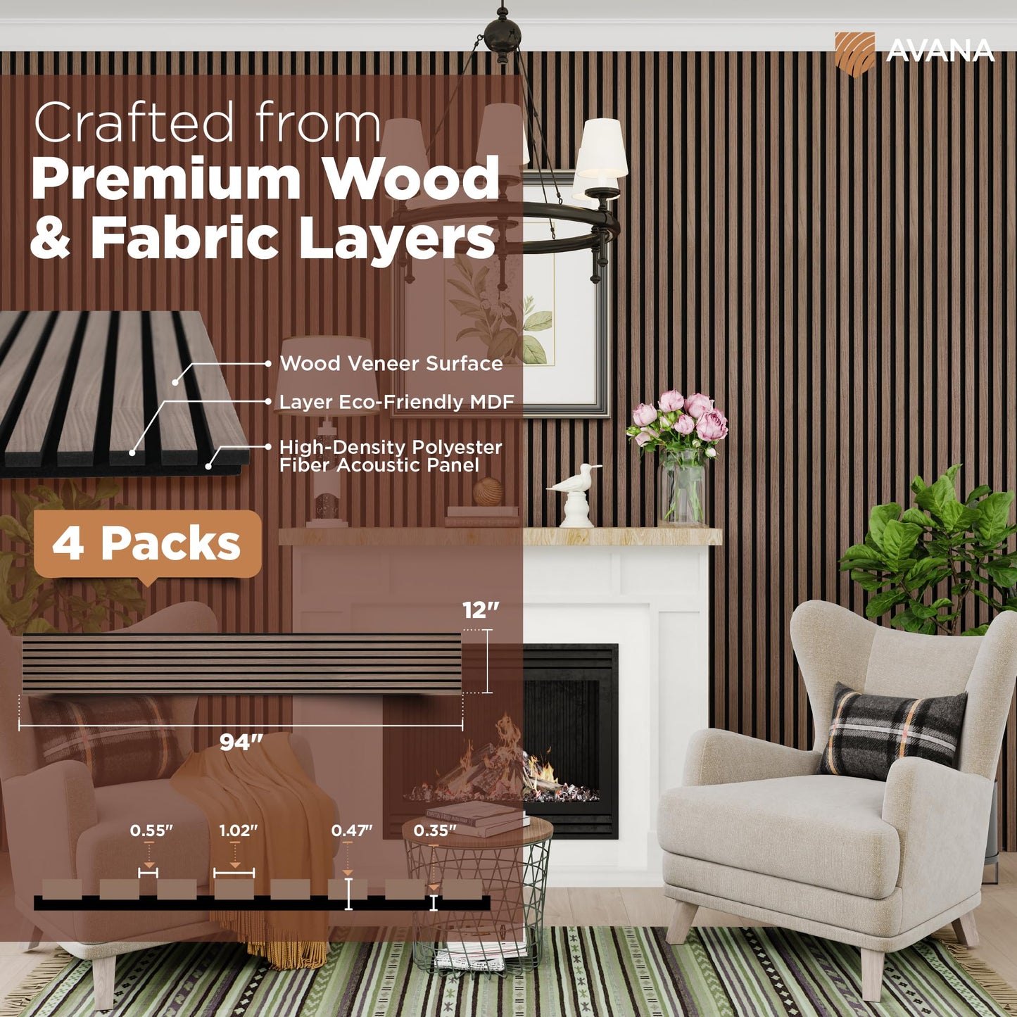 Avana Acoustic Wood Wall Panels – 94.4 X 12.6 Inch Walnut Acoustic Panels 4 PCs – Wall Panels For Interior Wall Decor For Homes, Offices, Studios – Sturdy And Durable Wood Panels For Wall