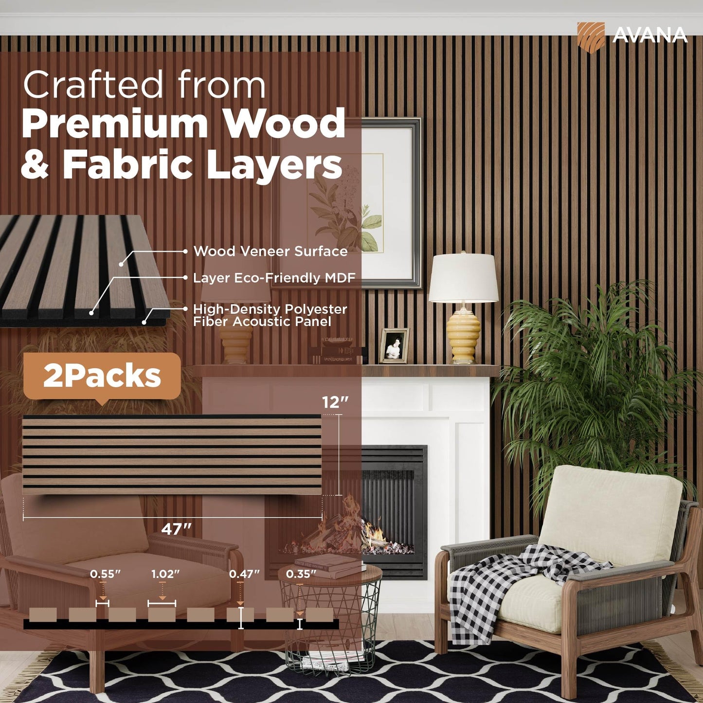 Avana Acoustic Wood Wall Panels – 47.2 X 12.6 Inch Smoke Walnut Acoustic Panels 2 PCs – Modern Wall Panels For Interior Wall Decor For Homes, Offices, Studios – Sturdy And Durable Wood Panels For Wall