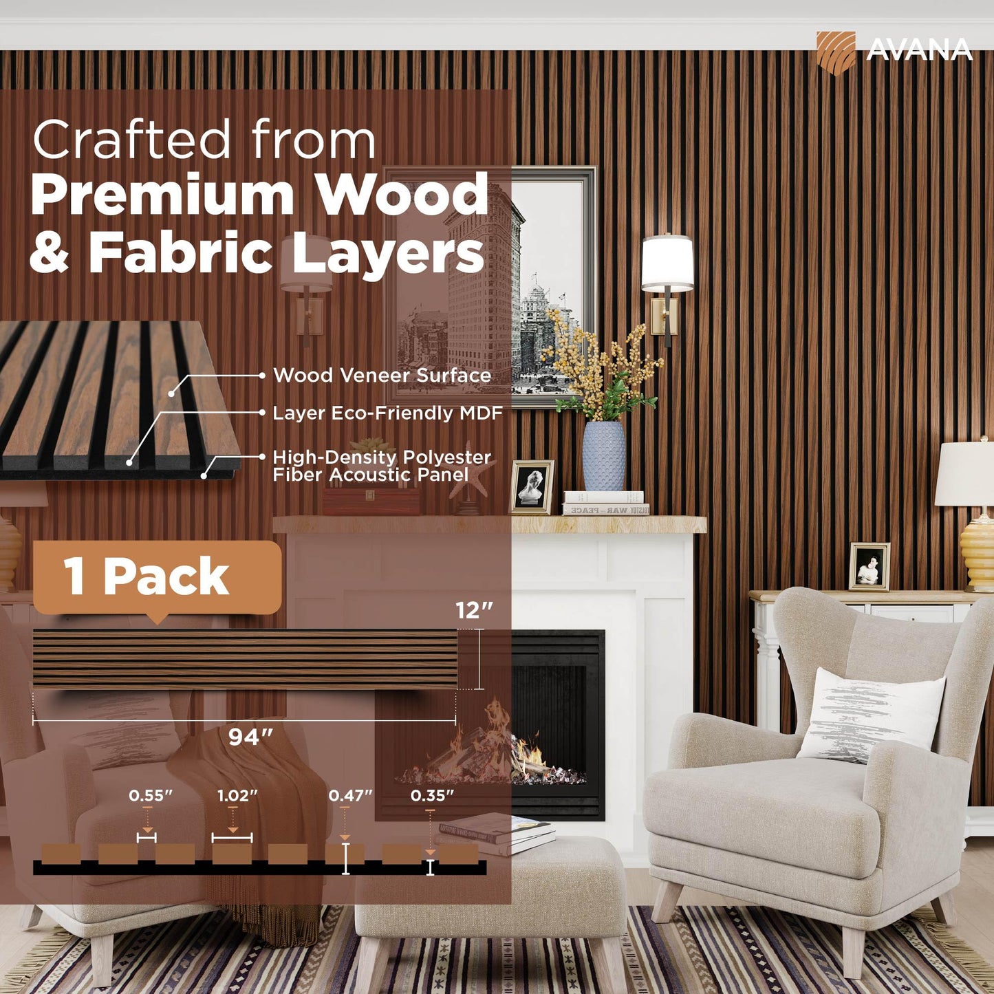 Avana Acoustic Wood Wall Panels – 94.4 X 12.6 Inch Walnut Acoustic Panels 1 PC – Wall Panels For Interior Wall Decor For Homes, Offices, Studios – Sturdy And Durable Wood Panels For Wall