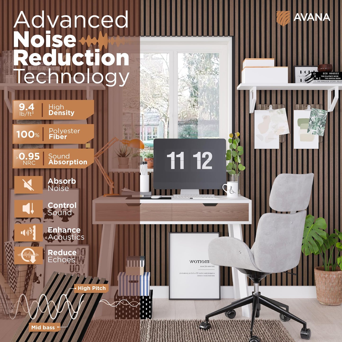 Avana Acoustic Wood Wall Panels – 94.4 X 12.6 Inch Walnut Acoustic Panels 2 PCs – Wall Panels For Interior Wall Decor For Homes, Offices, Studios – Sturdy And Durable Wood Panels For Wall