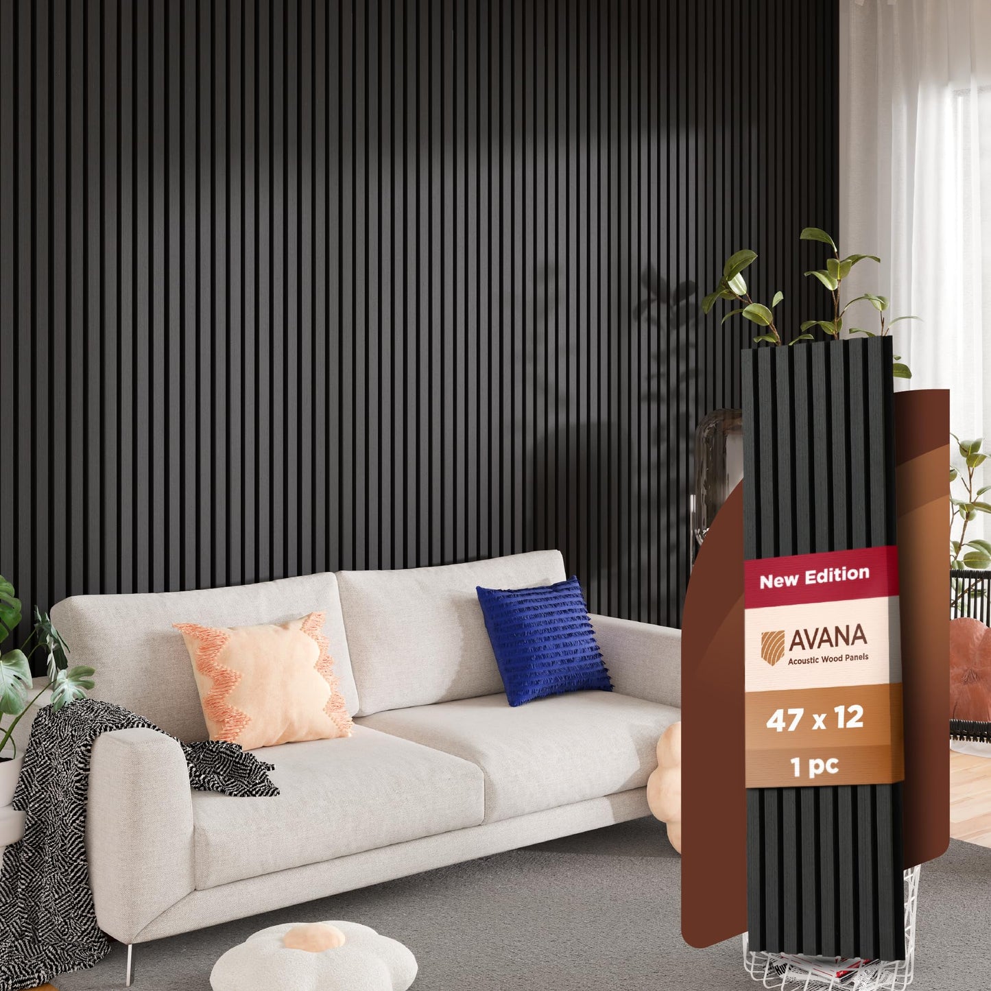 Avana Modern Acoustic Wood Wall Panels – 47.2 x 12.6 Inch Black Oak Acoustic Panels 1 PC – Wall Panels for Interior Wall Decor For Homes, Offices, Studios – Sturdy And Durable Wood Panels For Wall