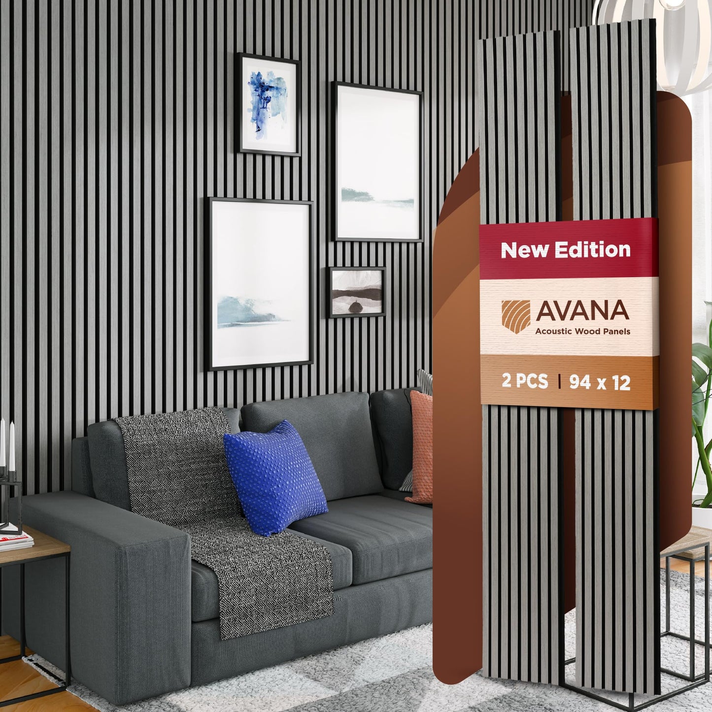 Avana Acoustic Wood Wall Panels – 94.4 x 12.6 Inch Gray Oak Acoustic Panels 2 PCs – Wall Panels For Interior Wall Decor For Homes, Offices, Studios – Pleasing Decorative Wood Panels For Wall