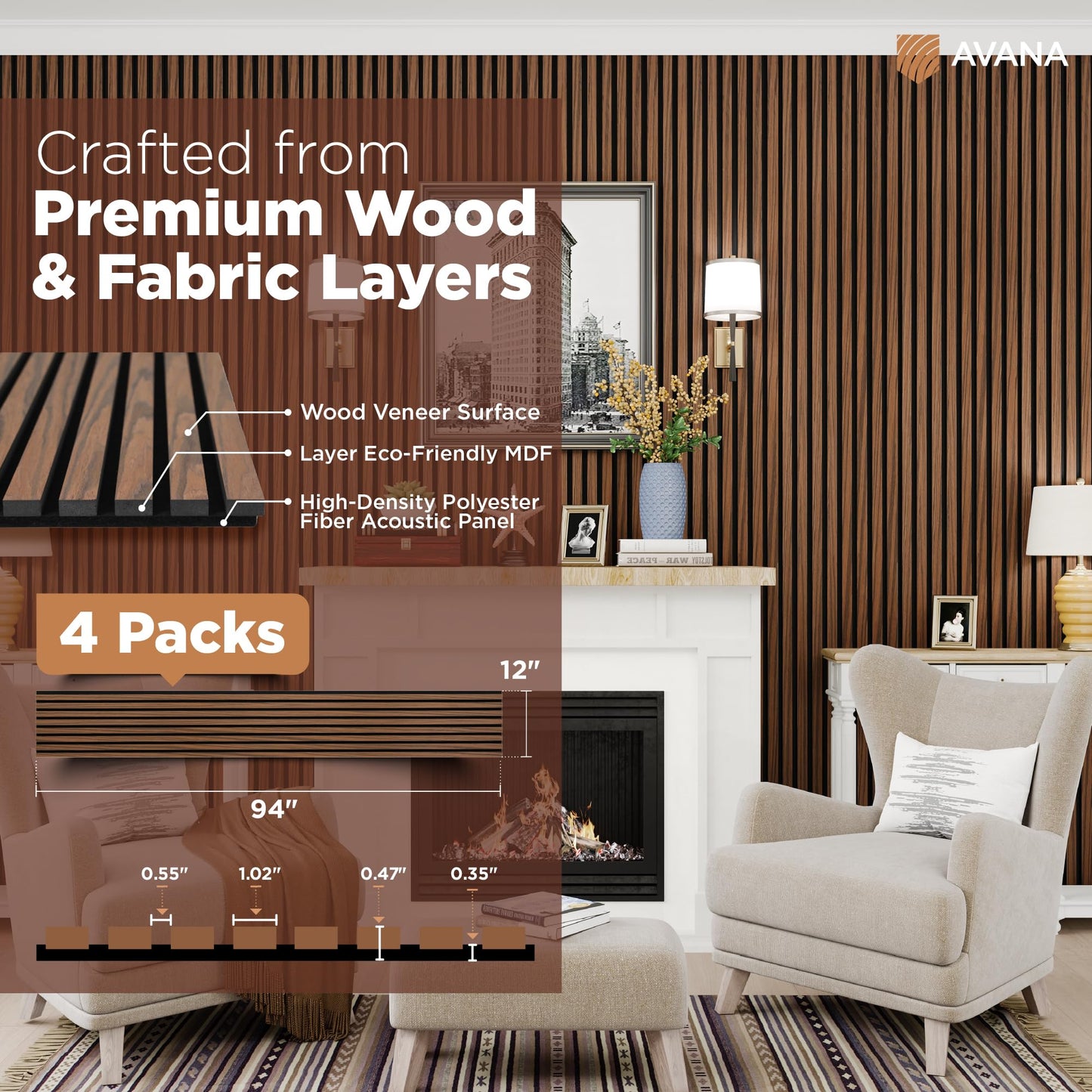 Avana Acoustic Wood Wall Panels – 94.4 x 12.6 Inch Rustic Walnut Acoustic Panels 4 PCs – Wall Panels For Interior Wall Decor For Homes, Offices, Studios – Sturdy and Durable Wood Panels For Wall