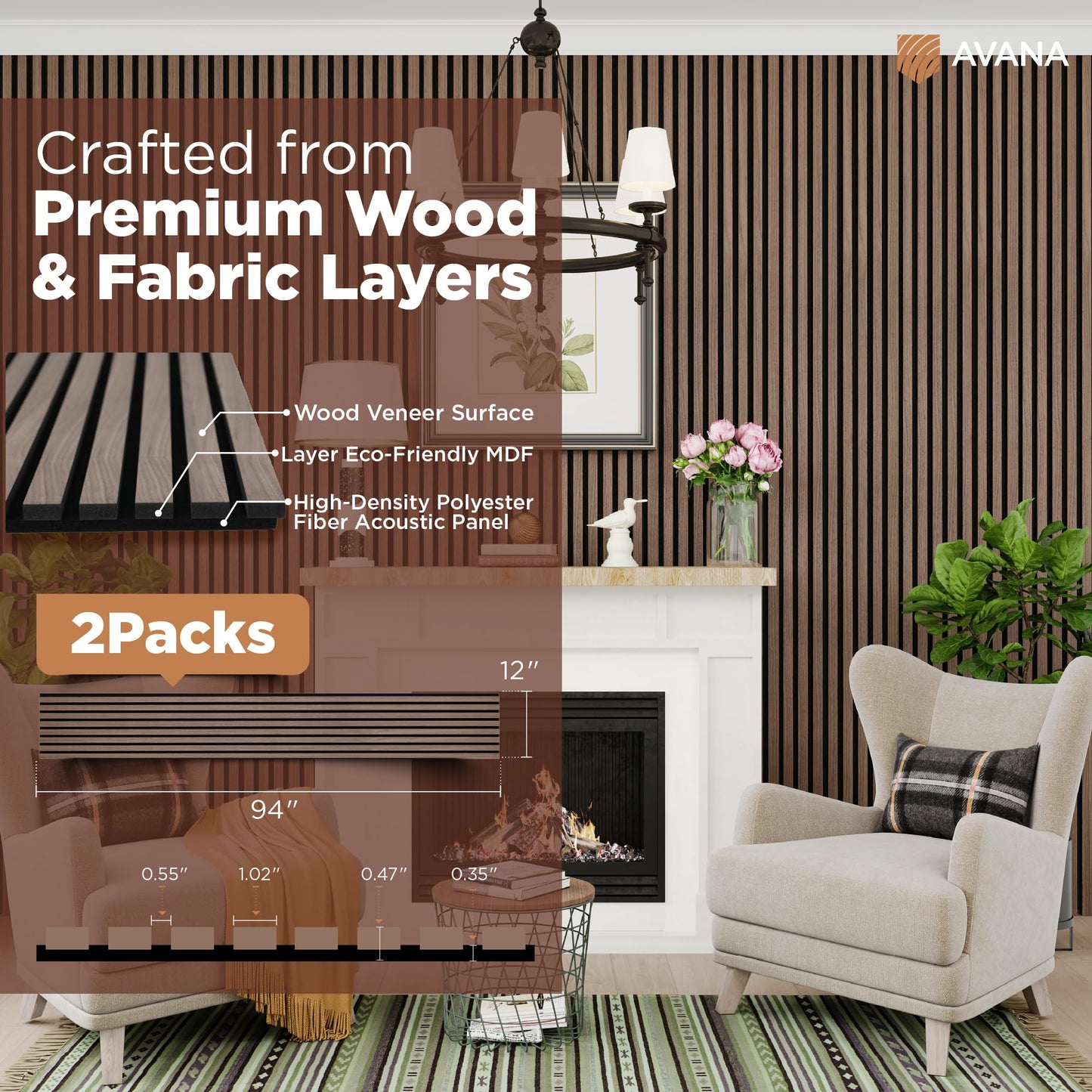 Avana Acoustic Wood Wall Panels – 94.4 X 12.6 Inch Walnut Acoustic Panels 2 PCs – Wall Panels For Interior Wall Decor For Homes, Offices, Studios – Sturdy And Durable Wood Panels For Wall