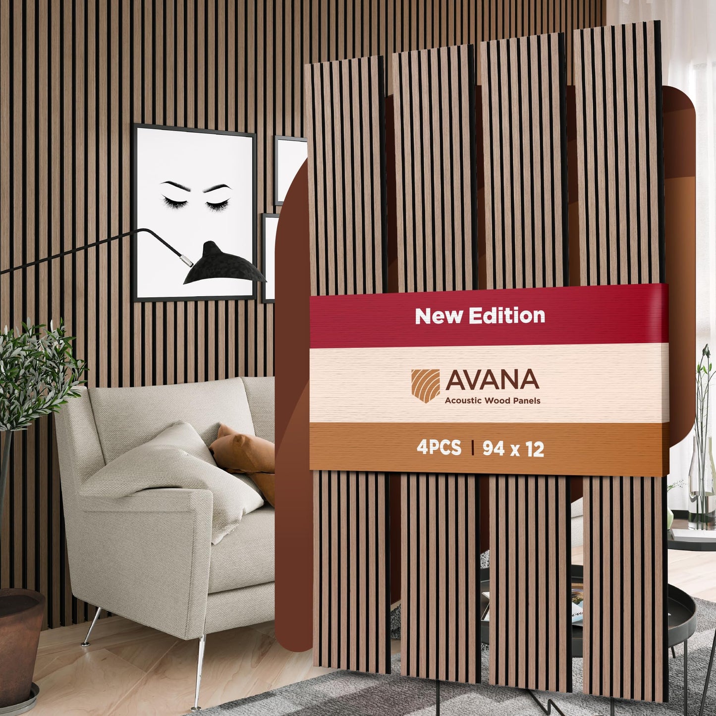 Avana Acoustic Wood Wall Panels – 94.4 x 12.6 Inch Smoke Walnut Acoustic Panels 4 PCs – Wall Panels For Interior Wall Decor For Homes, Offices, Studios – Pleasing Wood Panels For Wall