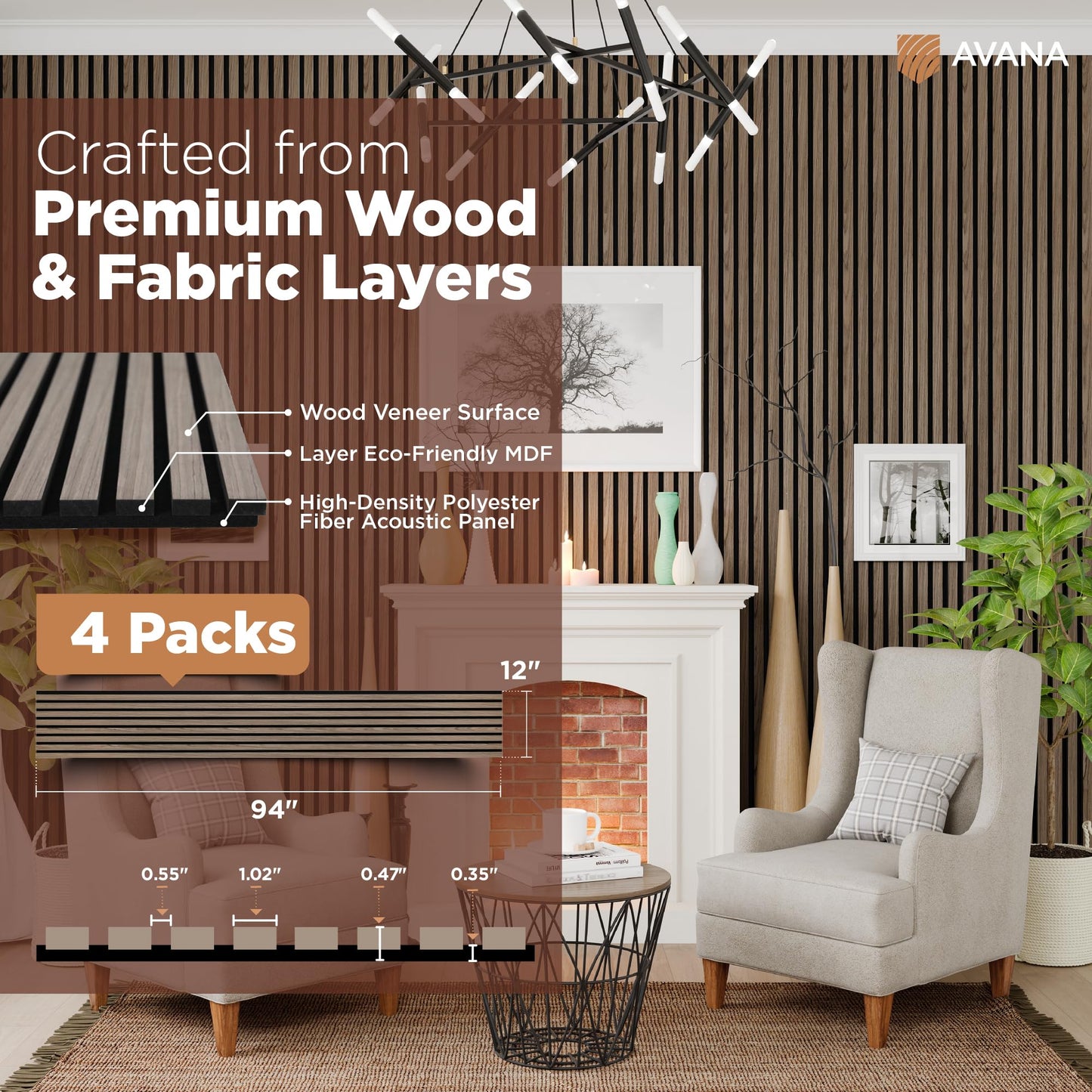 Avana Acoustic Wood Wall Panels – 94.4 x 12.6 Inch Natural Walnut Acoustic Panels 4 PCs – Wall Panels For Interior Wall Decor For Homes, Offices, Studios – Pleasing Decorative Wood Panels For Wall
