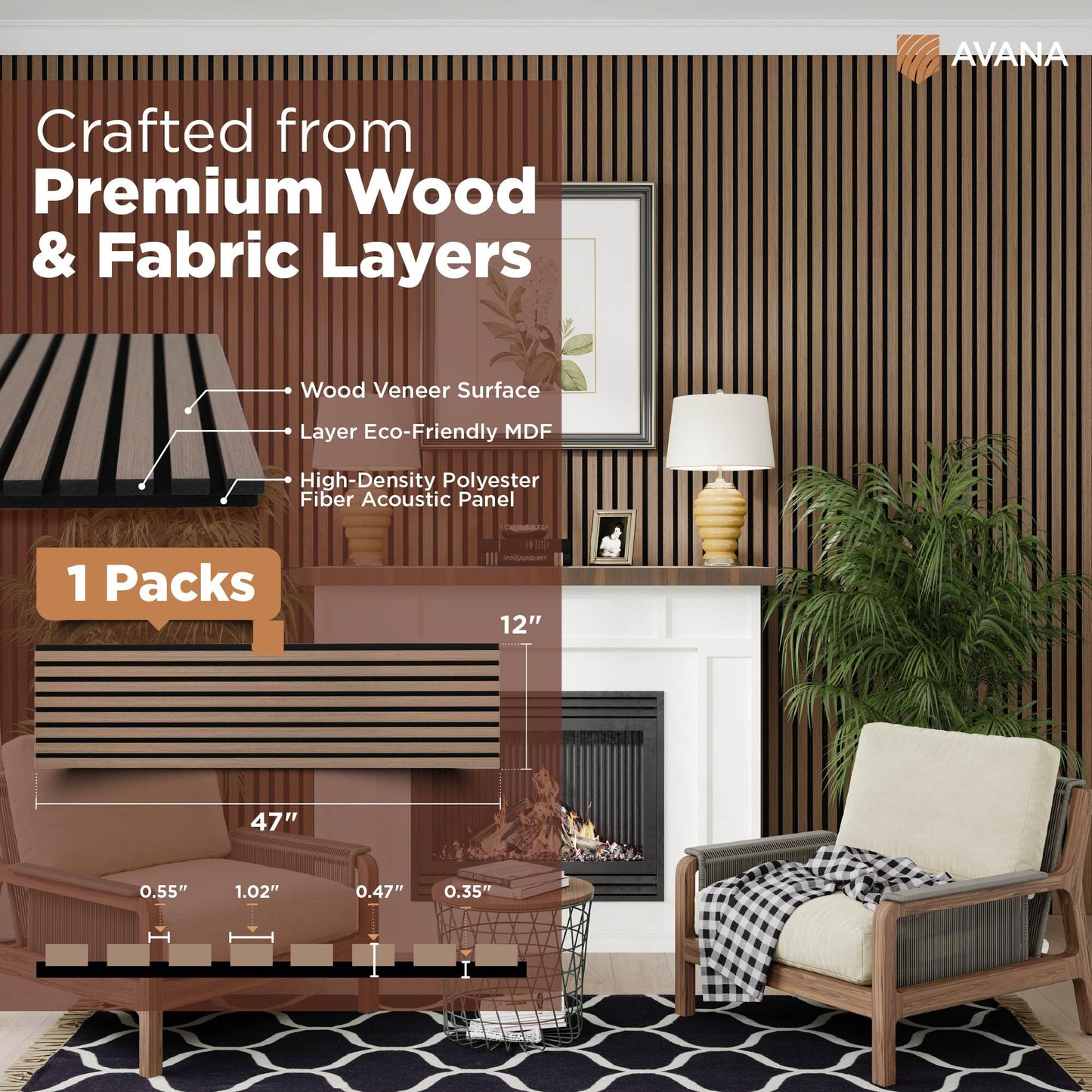 Avana Modern Acoustic Wood Wall Panels – 47.2 X 12.6 Inch Smoke Oak Acoustic Panels 1 PC – Wall Panels For Interior Wall Decor For Homes, Offices, Studios – Sturdy And Durable Wood Panels For Wall