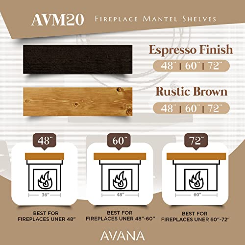 Avana Floating Fireplace Mantel - Natural Wood Mantles for Over Fireplace - Handcrafted Mantel Farmhouse Floating Shelf - Mounted Fireplace Wood Mantle - 48 X 8 X 5 Inch - Rustic Brown